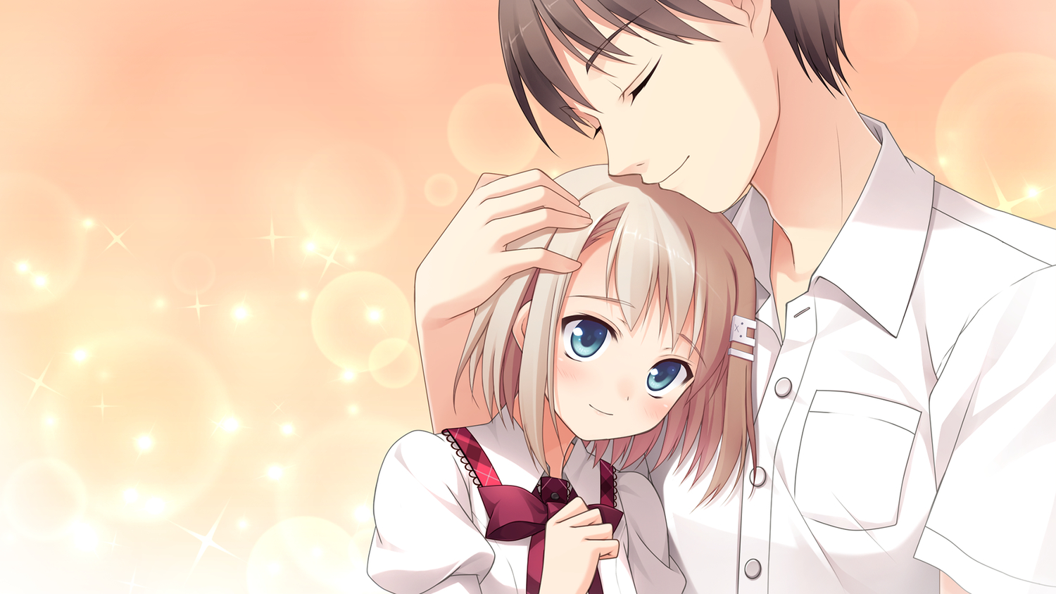 blonde_hair, blue_eyes, blush, bow, brown_hair, game_cg, imouto_no_katachi, male