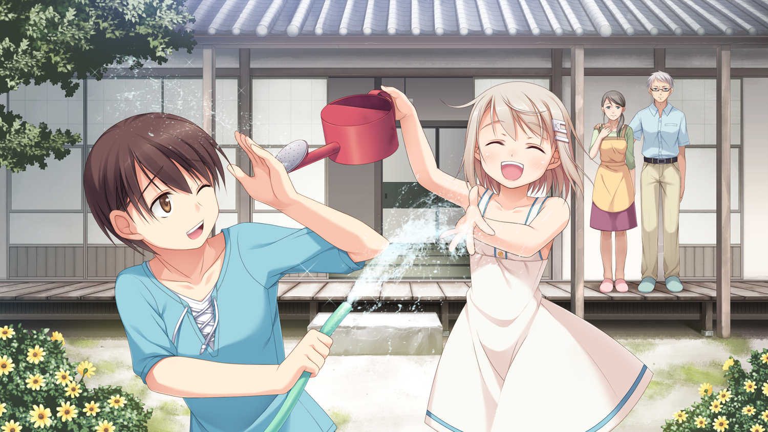 apron, blonde_hair, blue_eyes, brown_eyes, brown_hair, dress, flowers, game_cg