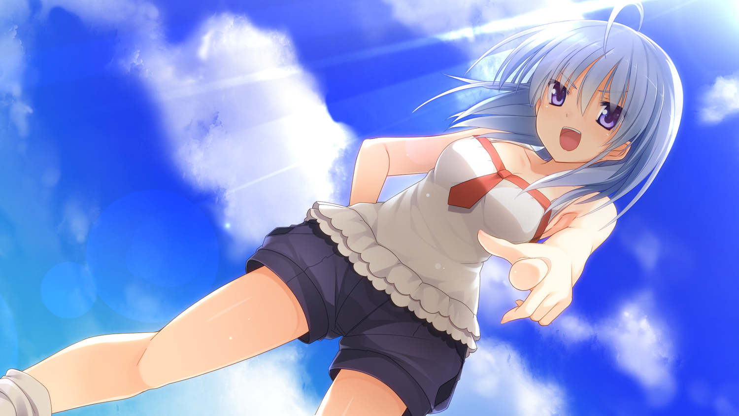 blue_eyes, blue_hair, clouds, game_cg, imouto_no_katachi, meta, shorts, sky
