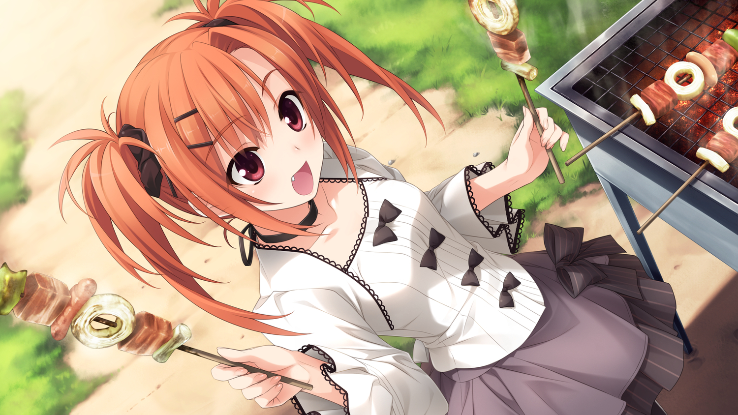 bow, choker, fang, food, game_cg, hashimoto_takashi, imouto_no_katachi, orange_hair, red_eyes, skirt, sphere, sumeragi_ayaka, twintails