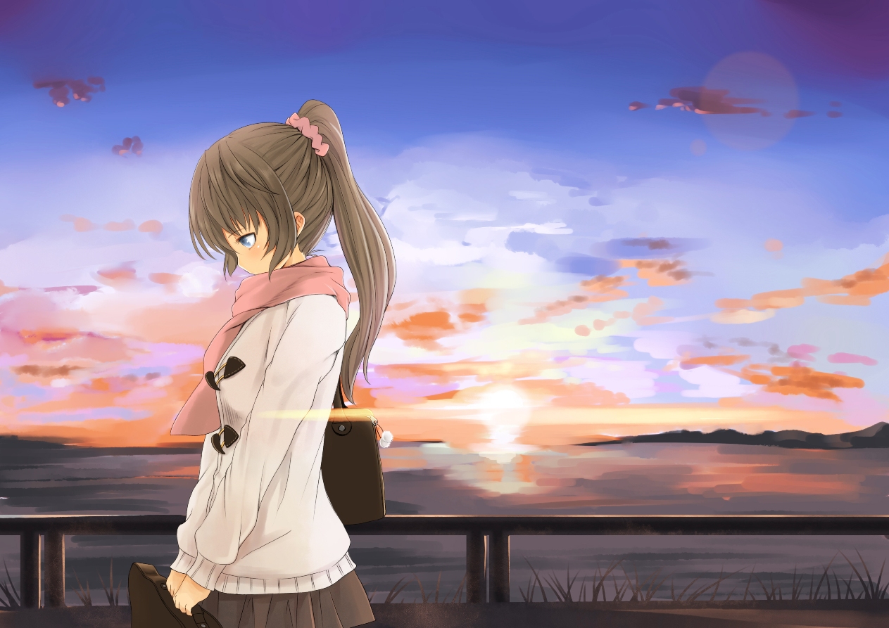 blue_eyes, brown_hair, clouds, devildogs, long_hair, original, ponytail, scarf