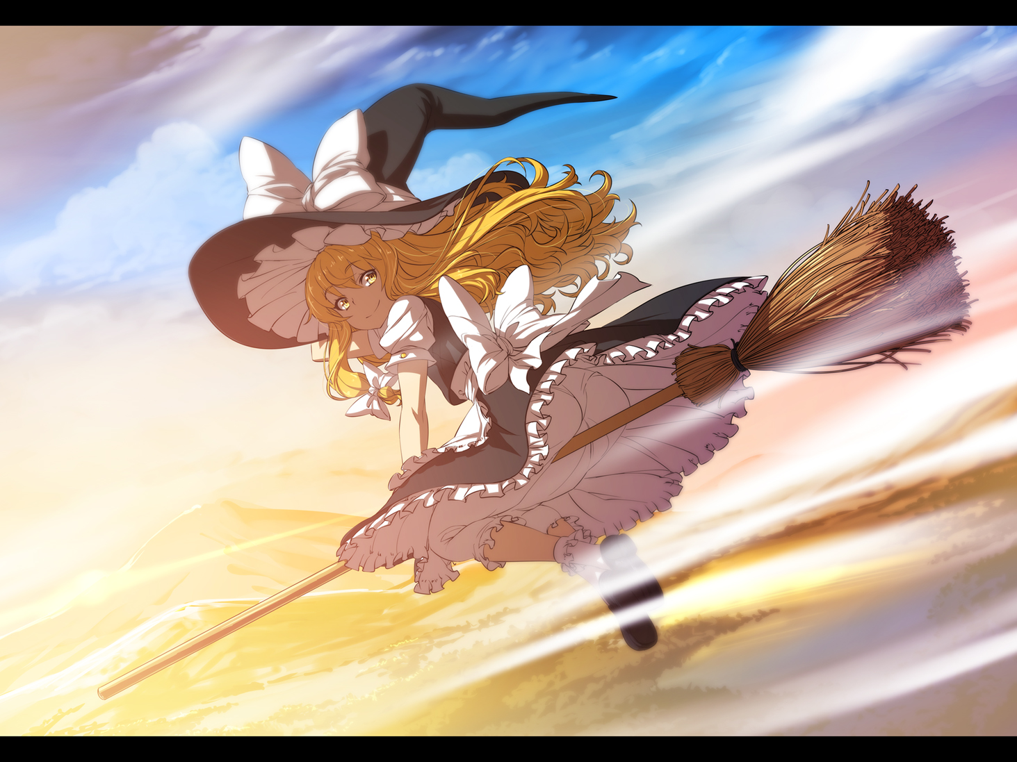 blonde_hair, bloomers, bow, clouds, hat, kirisame_marisa, long_hair, nekomamire