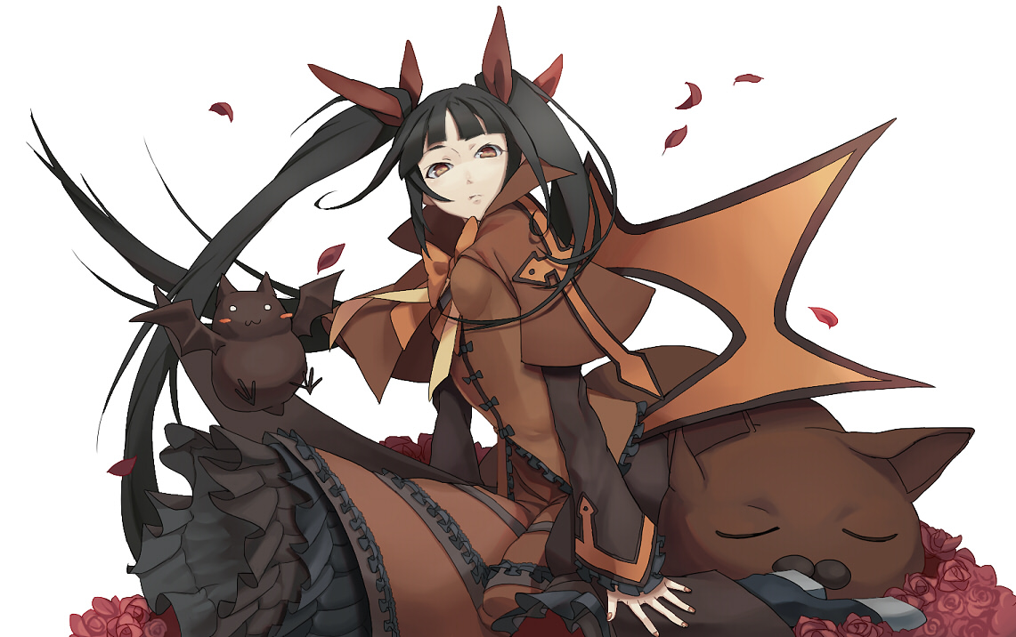 animal, black_hair, blazblue, brown_eyes, flowers, long_hair, petals, rachel_alucard