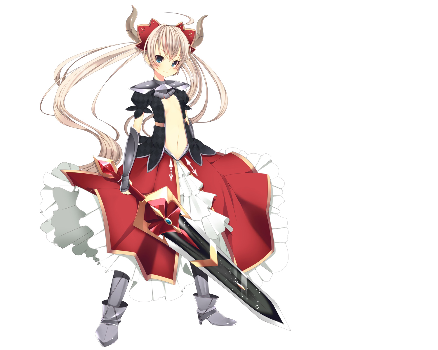 armor, blonde_hair, blue_eyes, dancho_(dancyo), flat_chest, horns, navel, sword, twintails, weapon, white