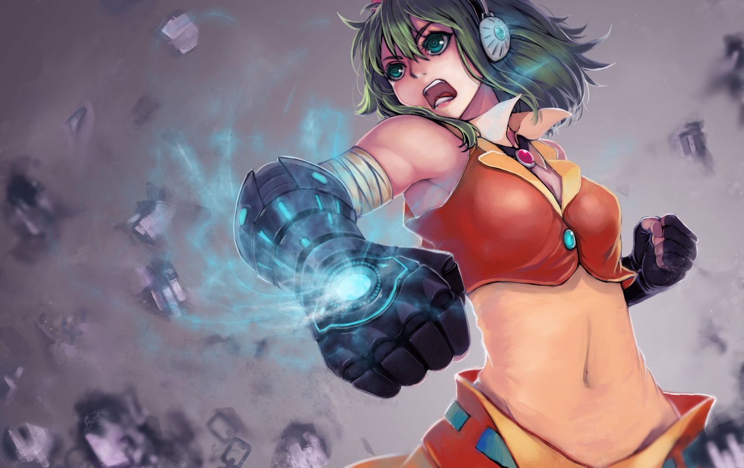 gloves, green_eyes, green_hair, gumi, headphones, navel, punch, short_hair