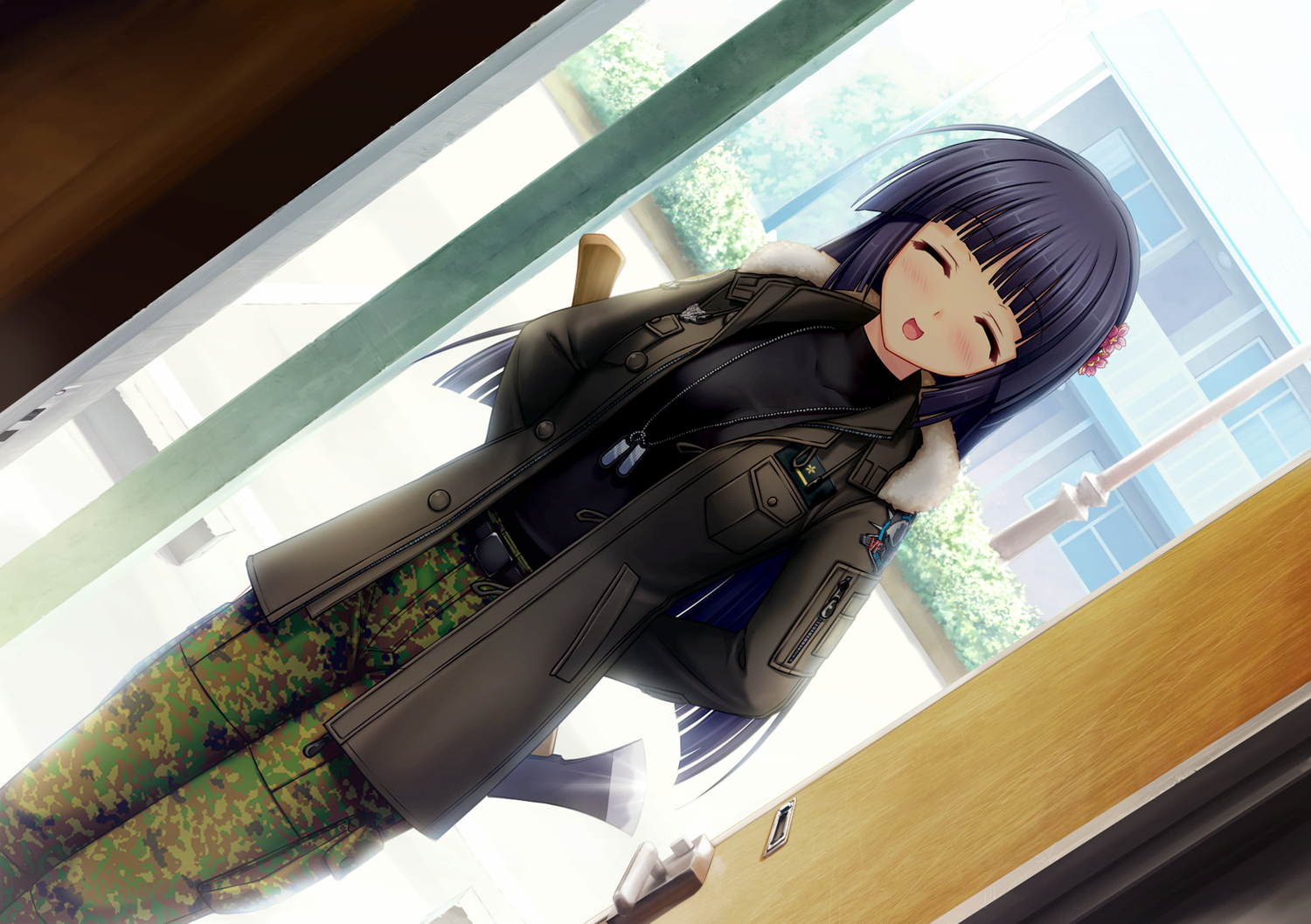 blue_hair, blush, muv-luv, muv-luv_alternative, necklace, sendou_yuzuka, uniform, weapon