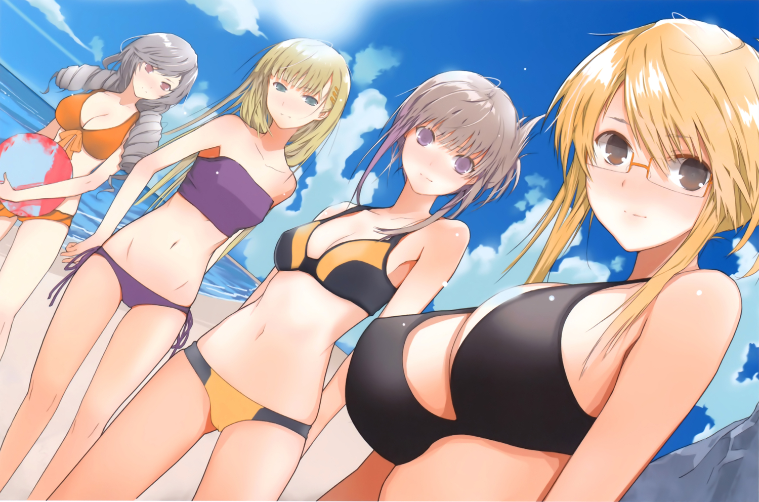 beach, bikini, blonde_hair, breasts, cleavage, fuyuno_haruaki, glasses, group, male, navel, original, purple_eyes, swimsuit