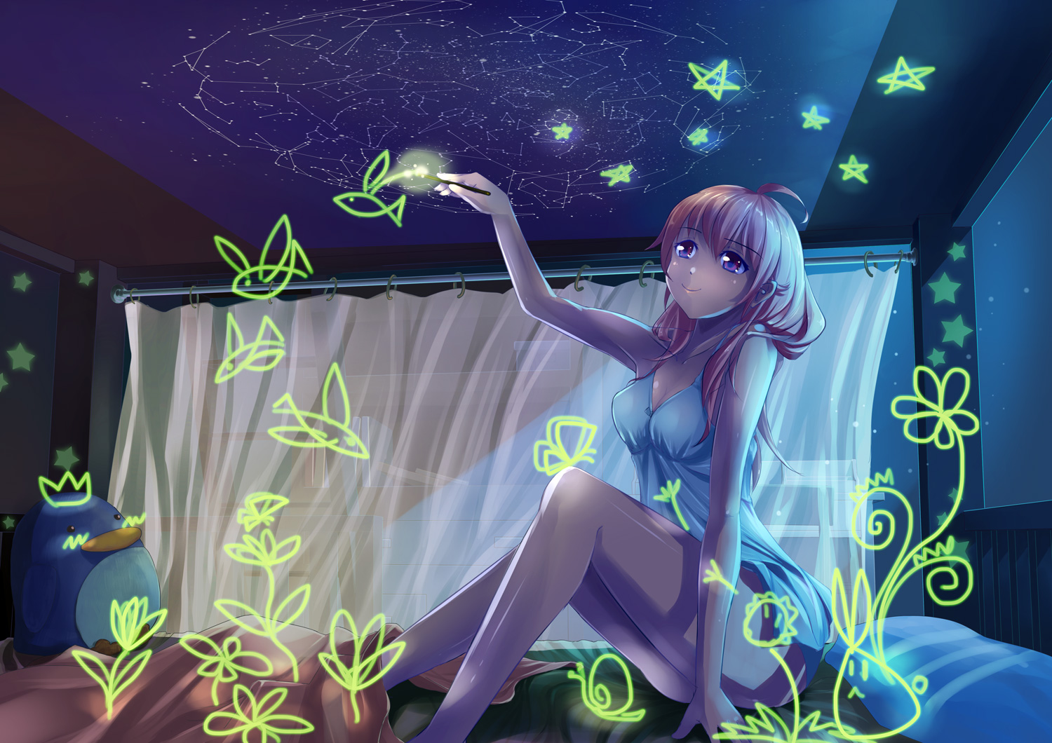 bed, dress, jpeg_artifacts, long_hair, neko_eel, night, original, pink_hair, purple_eyes, stars