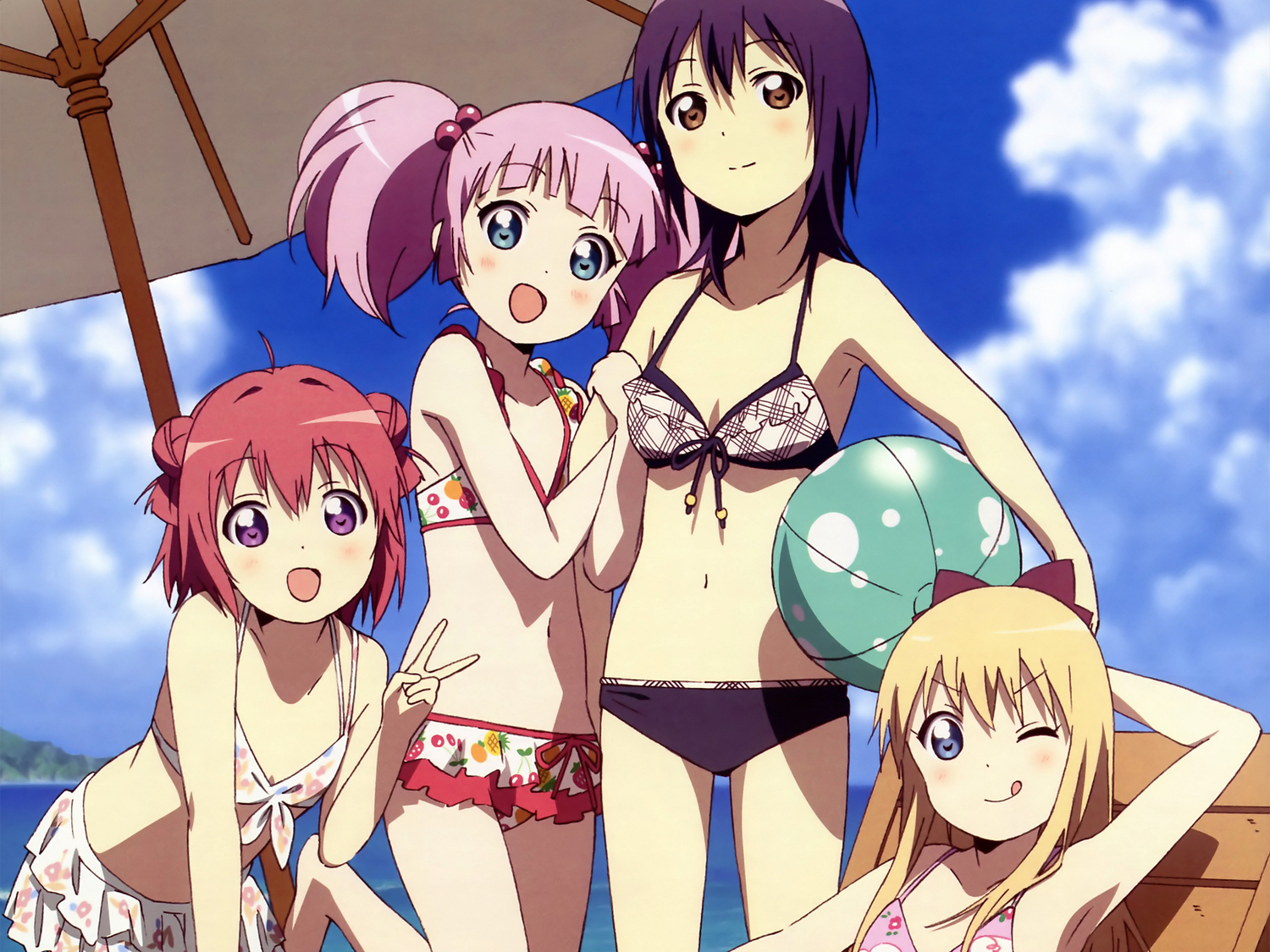 akaza_akari, aqua_eyes, ball, bikini, blonde_hair, bow, brown_eyes, cropped
