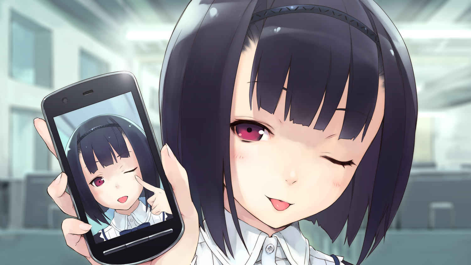black_hair, close, fumikura_azusa, game_cg, hana_wa_oritashi_kozue_wa_takashi, jiyu2, short_hair, tagme, wink