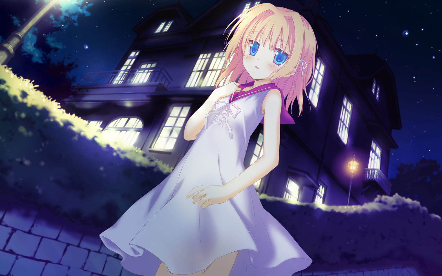 blonde_hair, blue_eyes, blush, braids, building, dress, favorite, game_cg