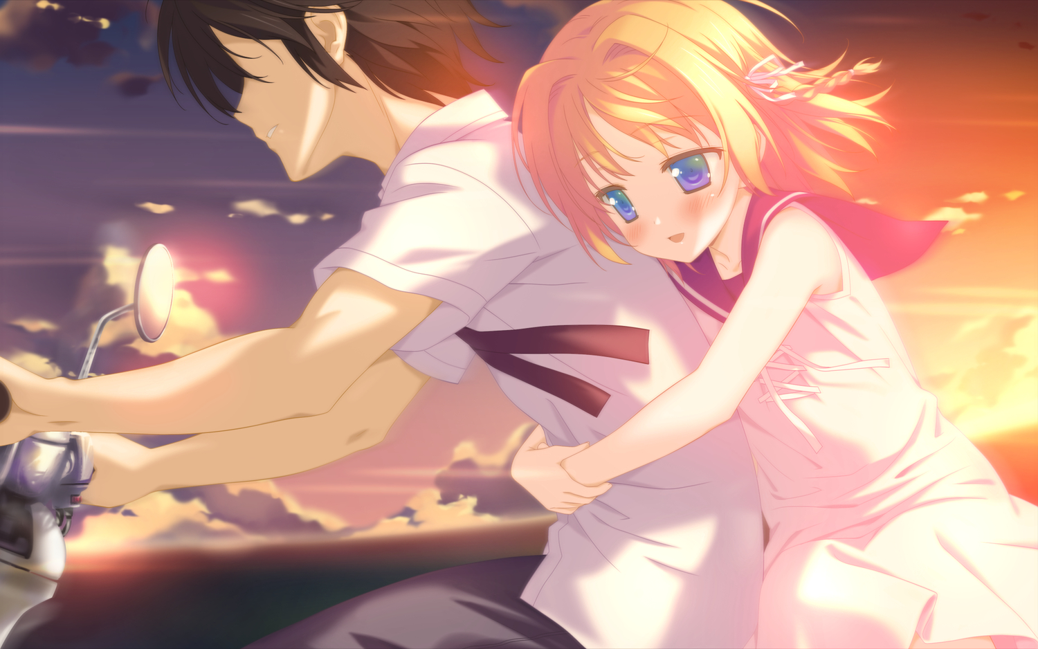 black_hair, blonde_hair, blue_eyes, blush, braids, clouds, dress, favorite