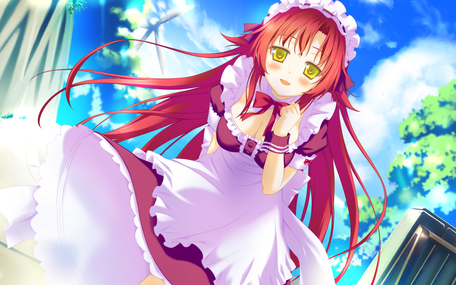 apron, blush, bow, breasts, cleavage, clouds, dress, favorite