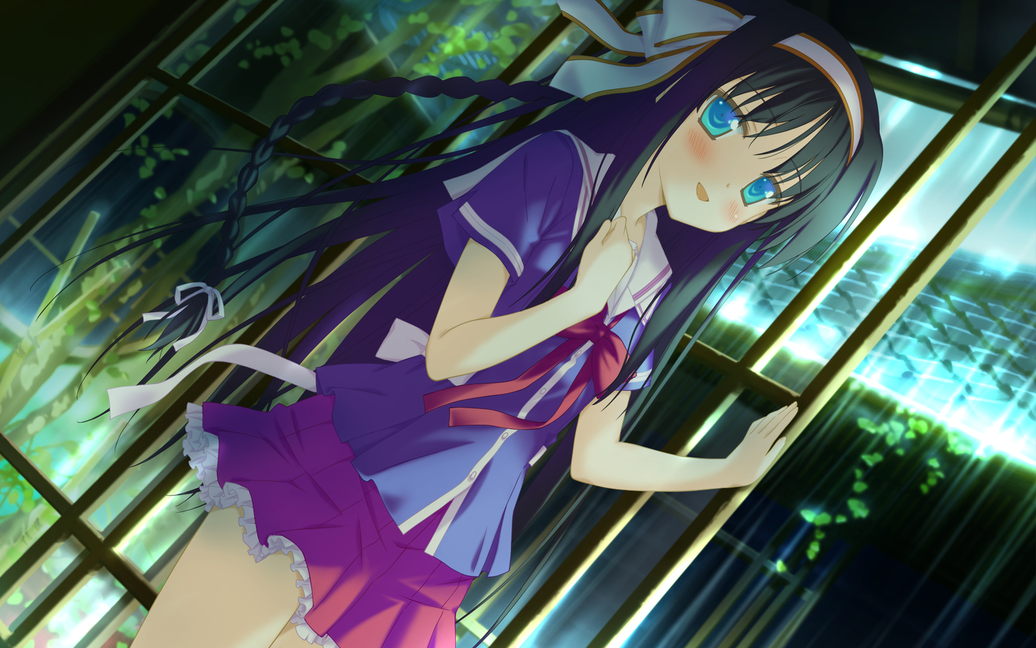 aqua_eyes, black_hair, blush, bow, braids, favorite, game_cg, headband