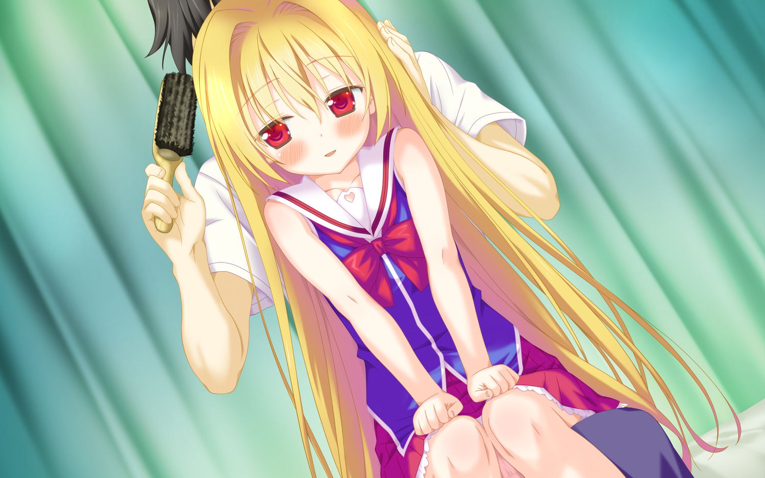 black_hair, blonde_hair, blush, bow, favorite, game_cg, irotoridori_no_hikari, irotoridori_no_sekai, kanoue_yuuma, long_hair, nikaidou_shinku, red_eyes, shida_kazuhiro, short_hair, skirt
