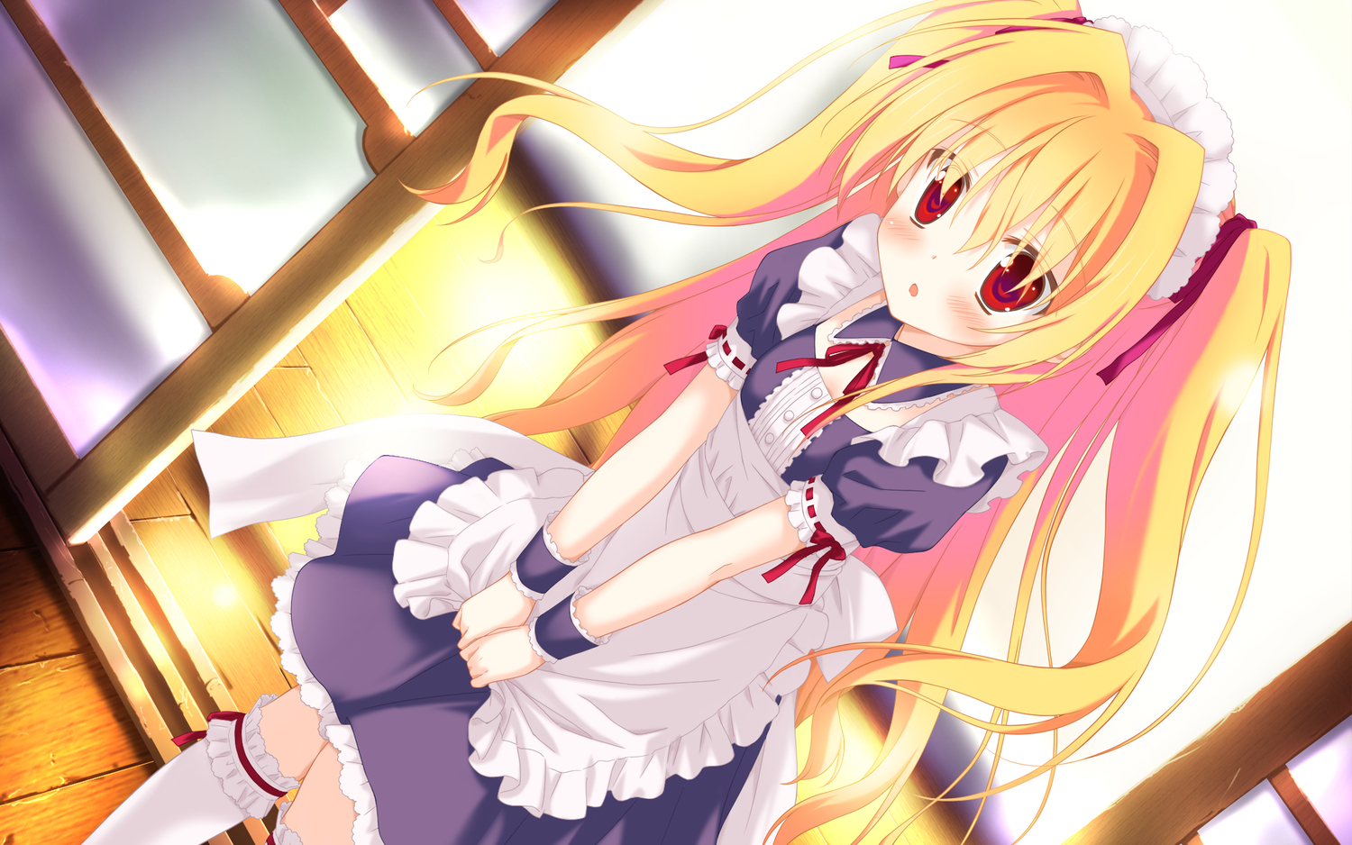 apron, blonde_hair, blush, dress, favorite, game_cg, irotoridori_no_hikari, irotoridori_no_sekai, long_hair, maid, nikaidou_shinku, red_eyes, ribbons, shida_kazuhiro, stockings