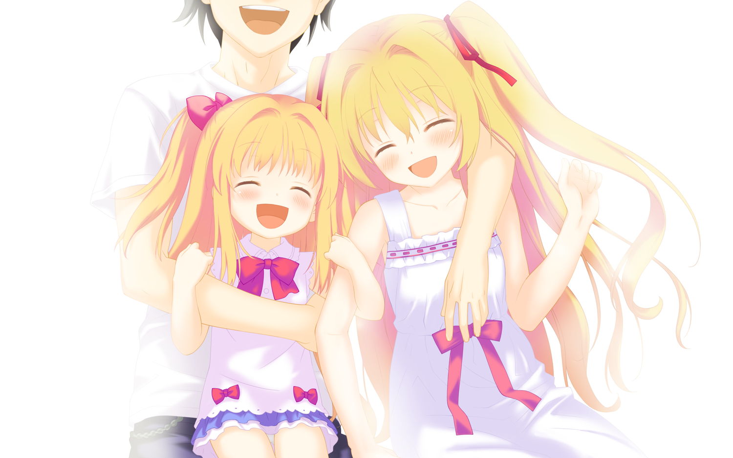 black_hair, blonde_hair, blush, bow, dress, favorite, game_cg, hug