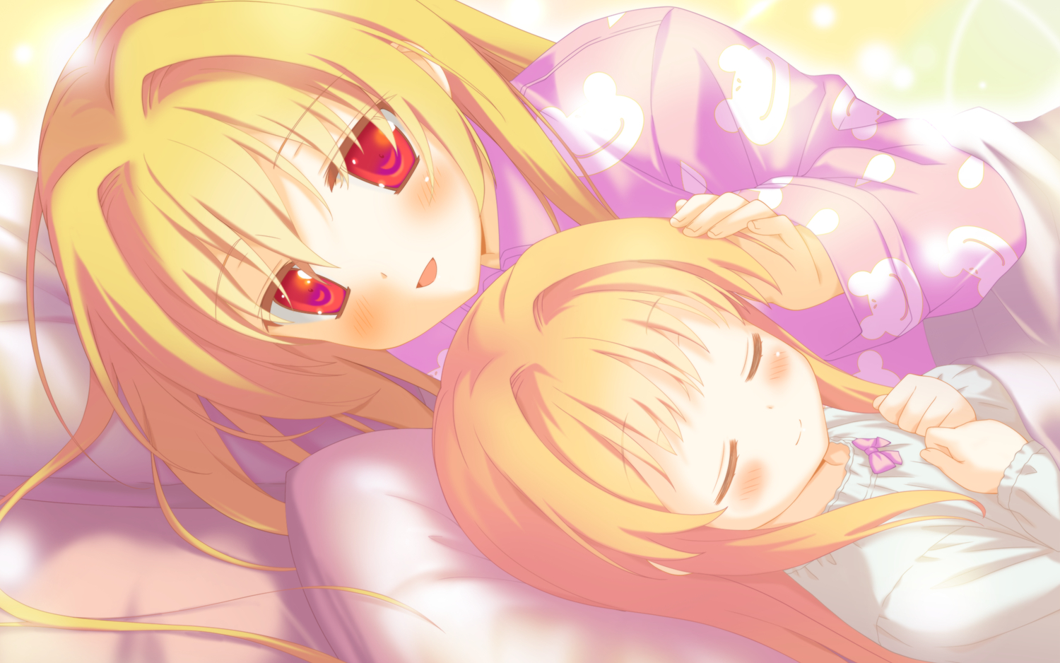 bed, blonde_hair, blush, favorite, game_cg, irotoridori_no_hikari, irotoridori_no_sekai, long_hair, nikaidou_shinku, nikaidou_sora, red_eyes, shida_kazuhiro, sleeping