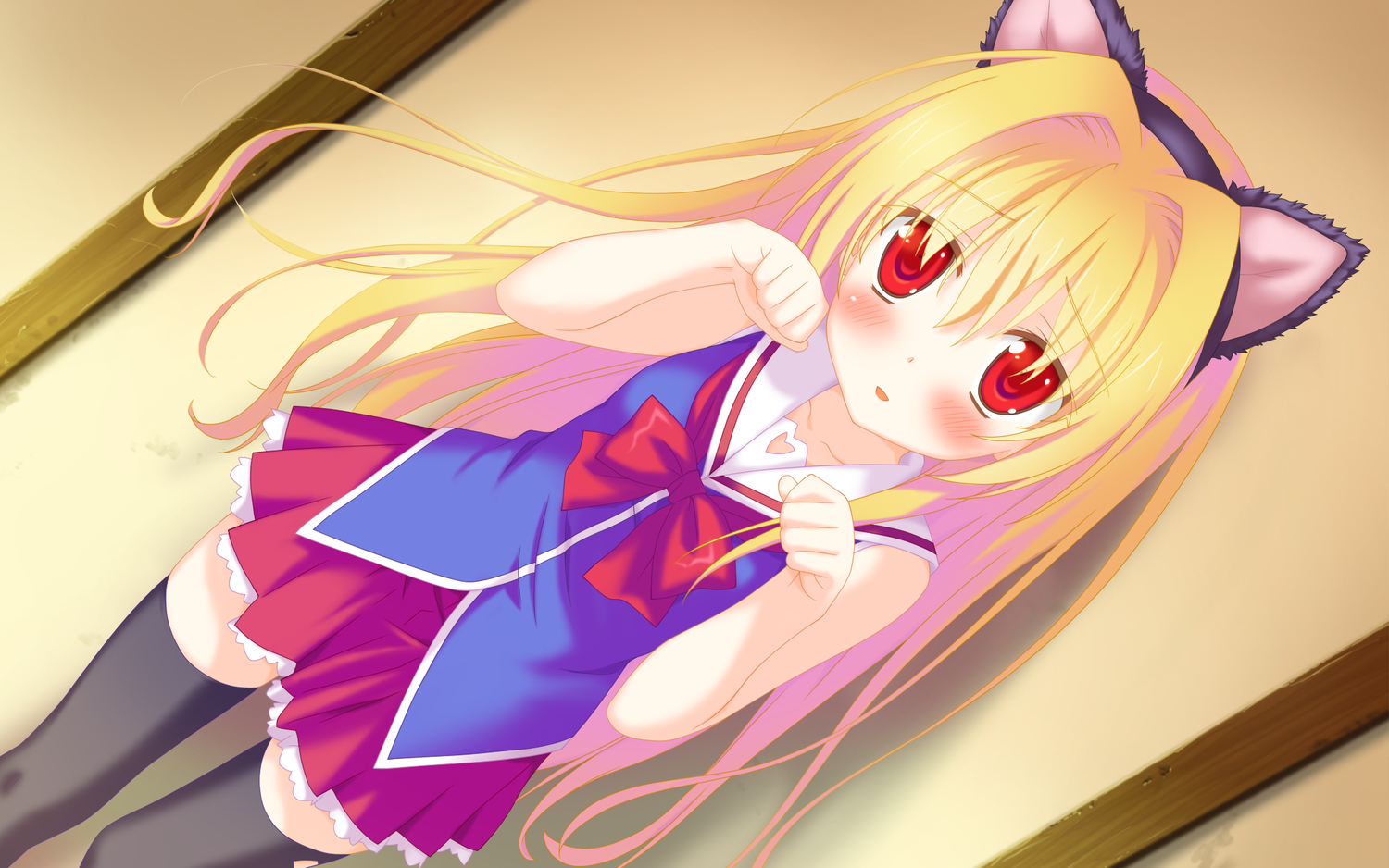 animal_ears, blonde_hair, blush, bow, favorite, game_cg, irotoridori_no_hikari, irotoridori_no_sekai, long_hair, nikaidou_shinku, red_eyes, shida_kazuhiro, skirt, stockings