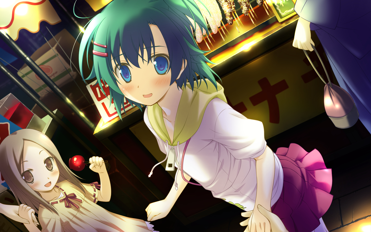 blue_eyes, blush, brown_eyes, brown_hair, dress, favorite, food, game_cg