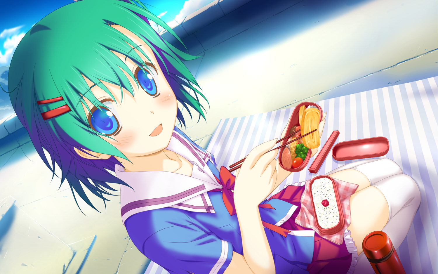 blue_eyes, blush, bow, clouds, favorite, food, game_cg, green_hair