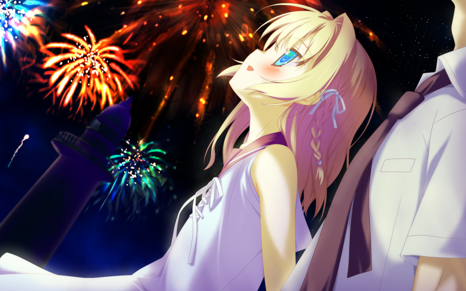 blonde_hair, blue_eyes, blush, dress, favorite, fireworks, game_cg, irotoridori_no_hikari, irotoridori_no_sekai, night, nikaidou_ai, ribbons, shida_kazuhiro, short_hair
