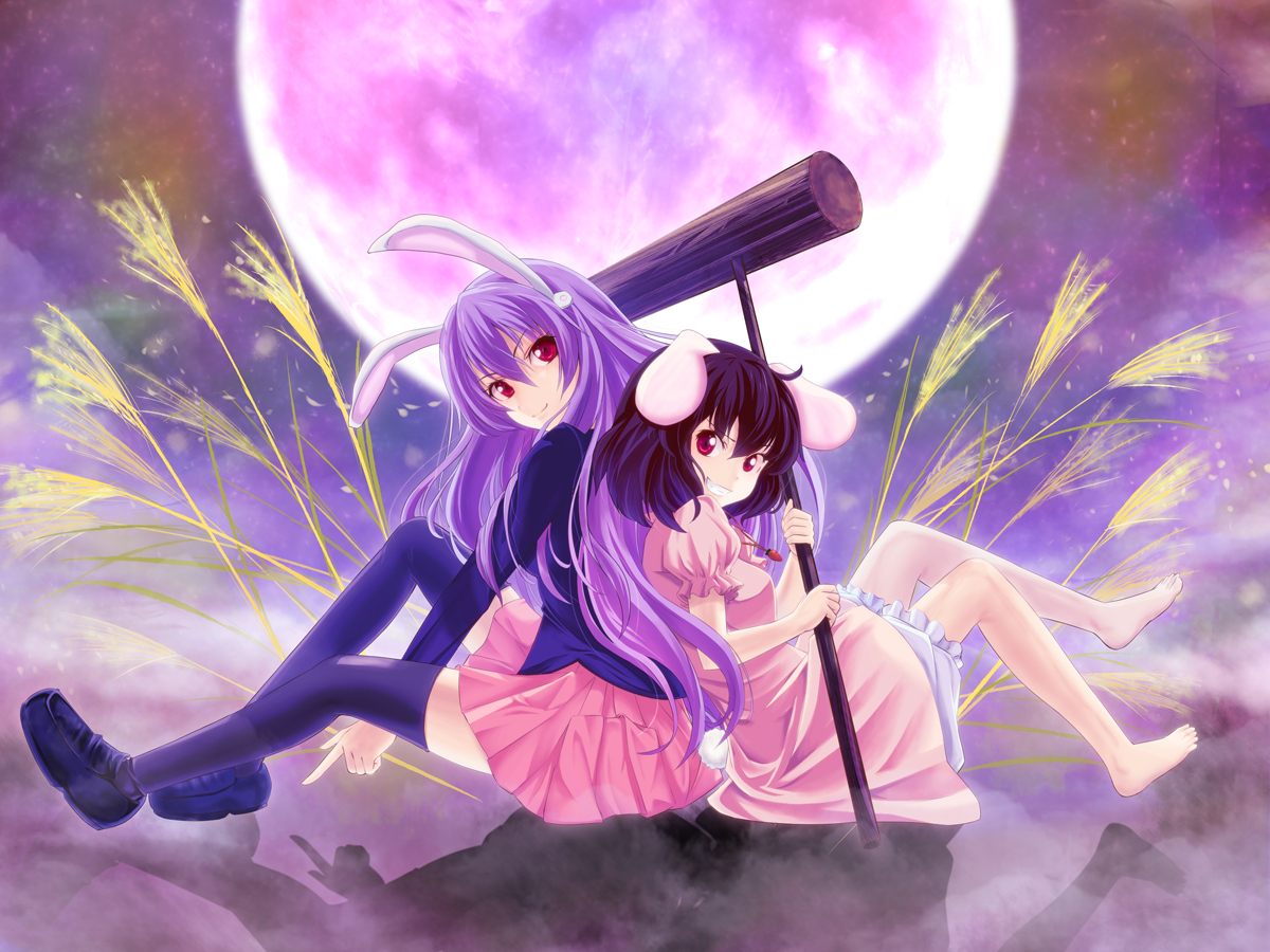 2girls, animal_ears, barefoot, bloomers, brown_hair, bug_(artist), bunny_ears, bunnygirl