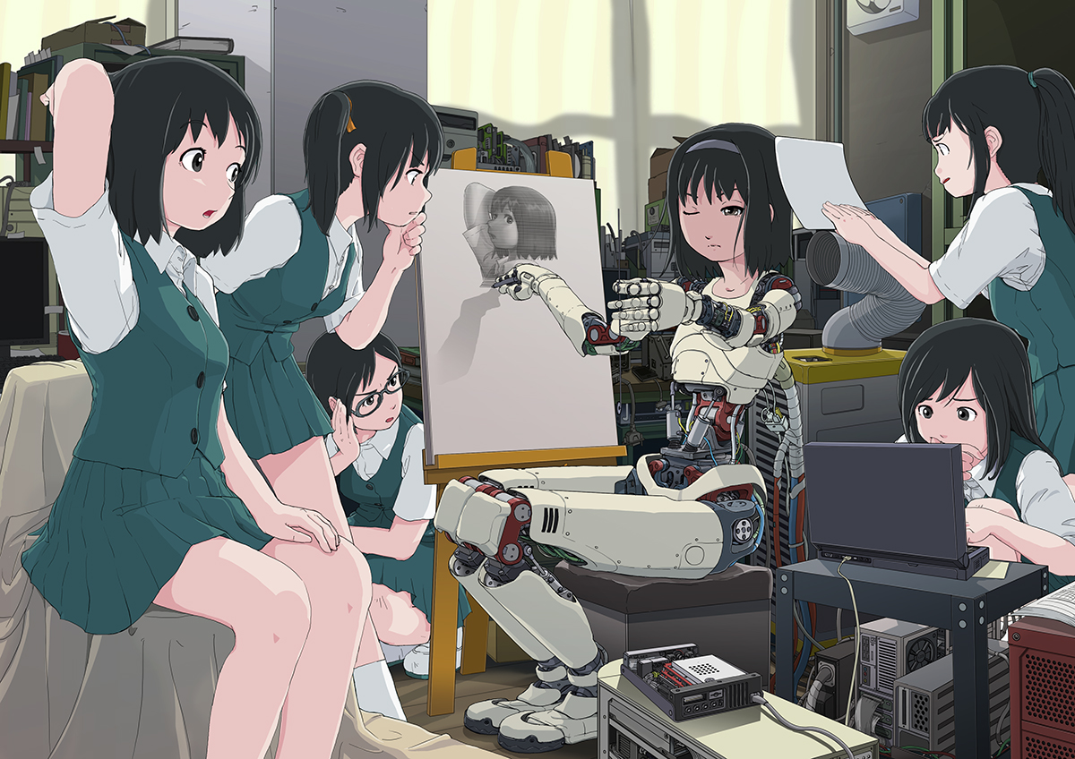 black_eyes, black_hair, book, computer, glasses, group, headband, industrial