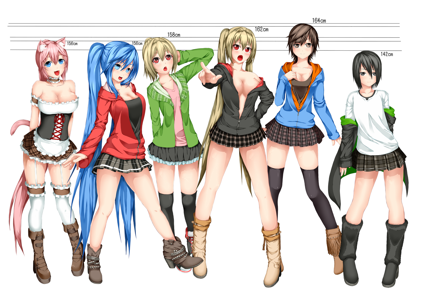 animal_ears, ayase_tamaki, blue_hair, boots, breasts, cleavage, long_hair, pink_hair, red_eyes, skirt, tagme, thighhighs, white