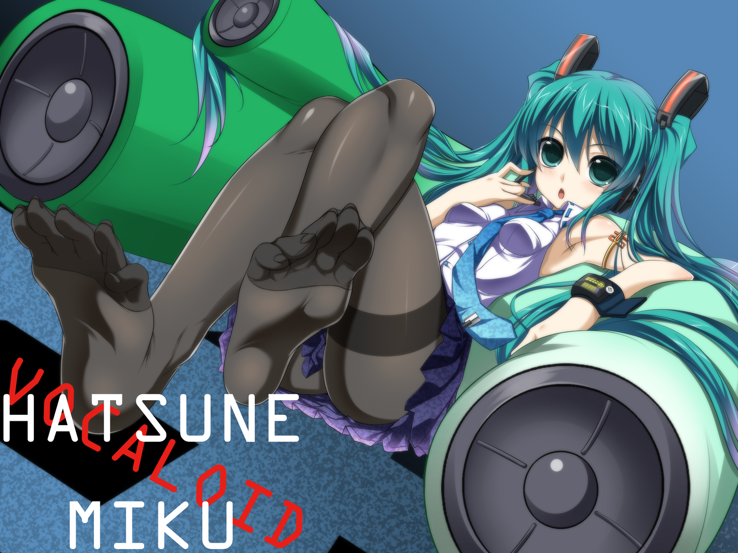 aqua_eyes, aqua_hair, hatsune_miku, long_hair, mino106, pantyhose, tie, twintails
