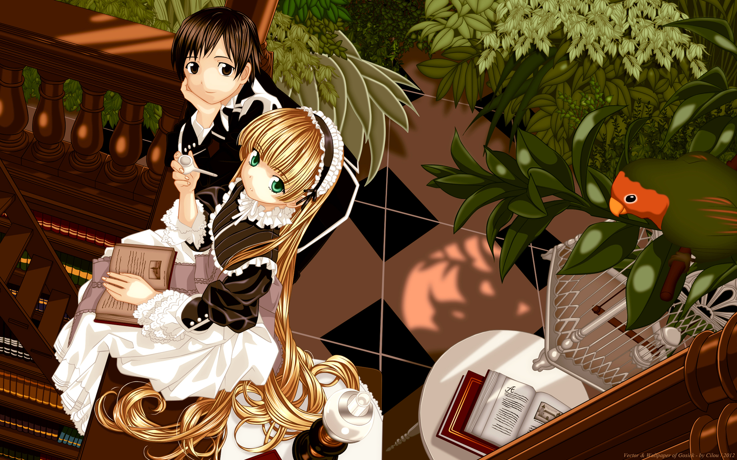 animal, bird, blonde_hair, book, brown_eyes, brown_hair, flowers, gosick