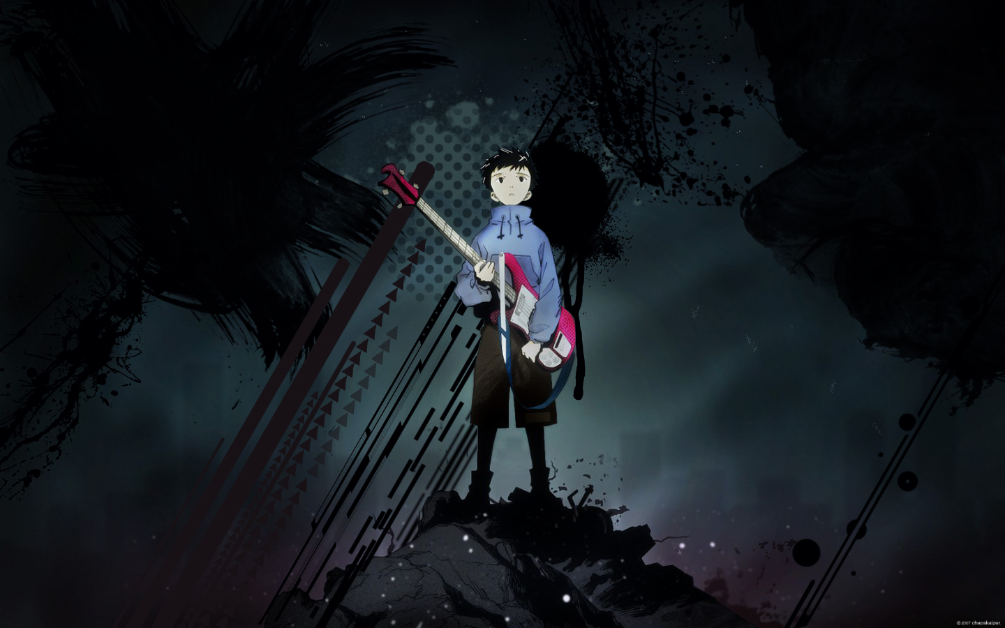 all_male, flcl, guitar, instrument, jpeg_artifacts, male, nandaba_naota