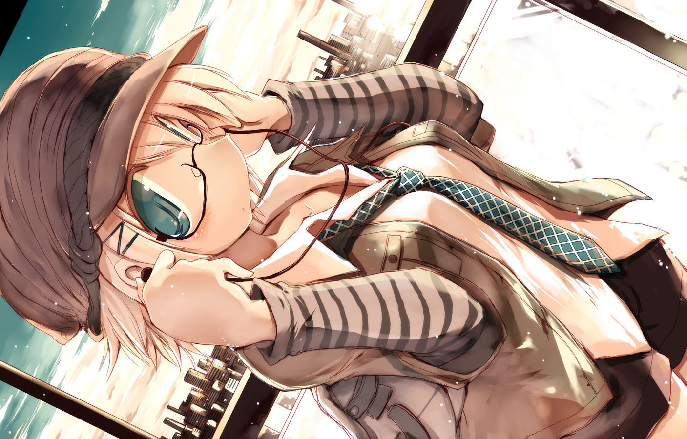 blonde_hair, blue_eyes, city, clouds, glasses, hat, headphones, jpeg_artifacts, original, sakaki_(noi-gren), short_hair, shorts, tie