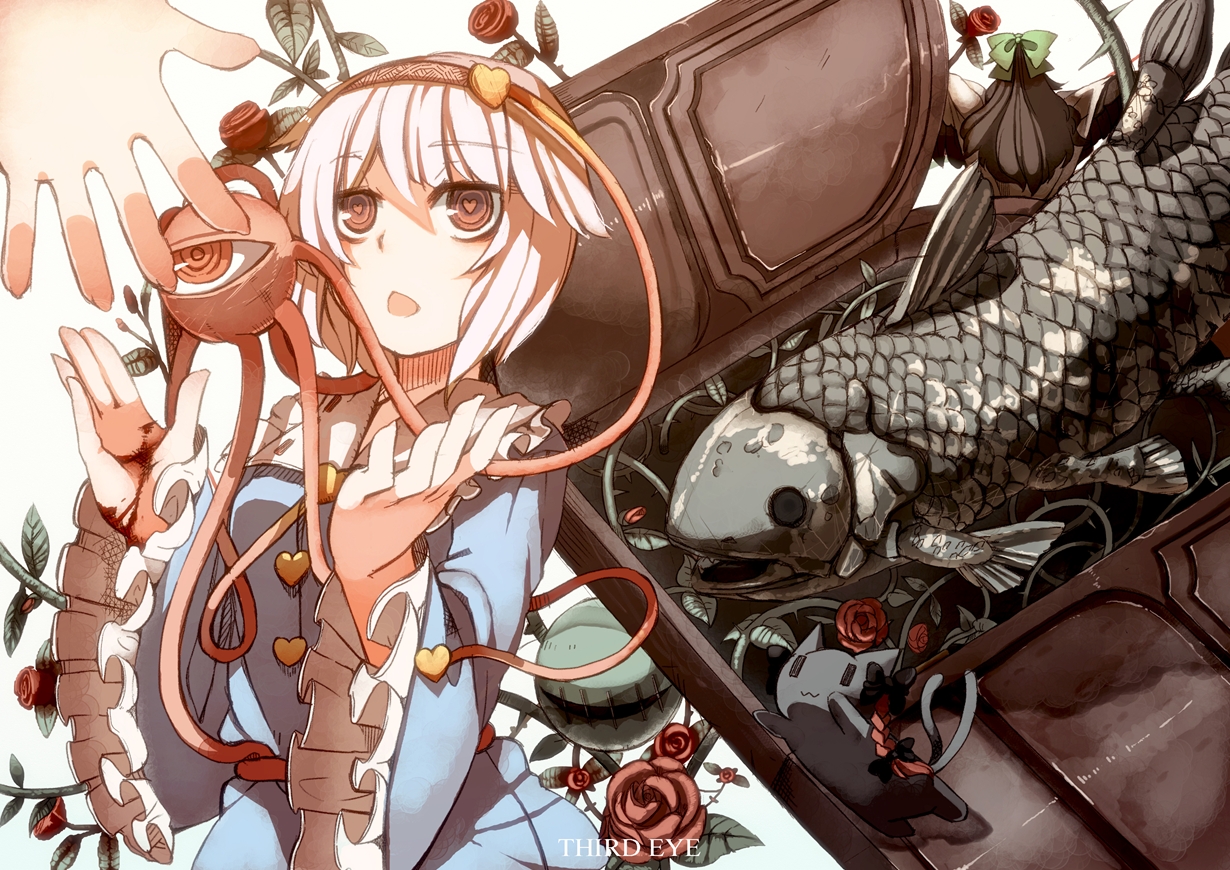 animal, black_hair, blood, bow, braids, cat, cat_smile, fish, flowers, fuurin_(omaemona), heart, kaenbyou_rin, komeiji_satori, long_hair, pink_hair, red_hair, reiuji_utsuho, rose, short_hair, touhou