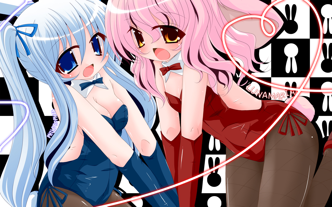 2girls, animal_ears, blue_eyes, blue_hair, blush, breasts, bunny_ears, bunnygirl