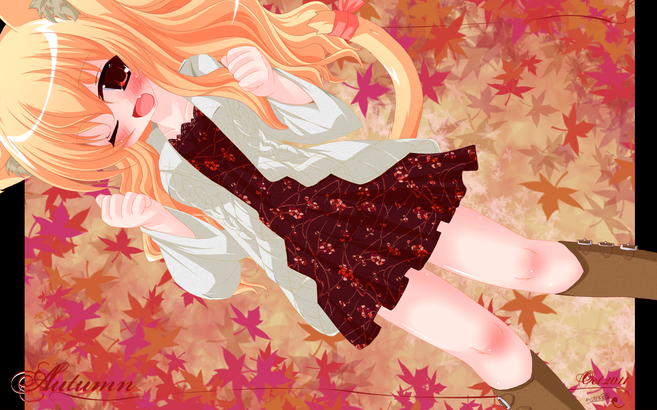 animal_ears, autumn, blonde_hair, blush, boots, catgirl, dress, fang