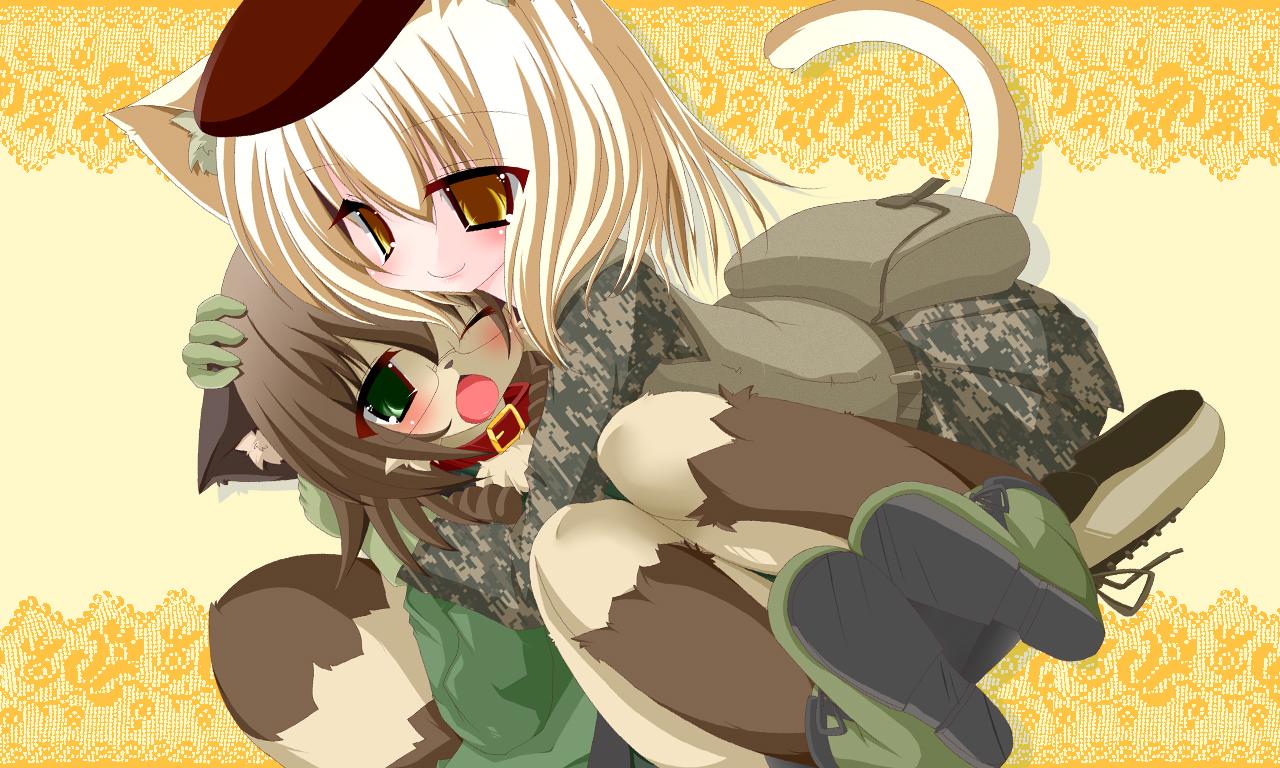 2girls, aliasing, animal_ears, blonde_hair, blush, brown_hair, catgirl, collar