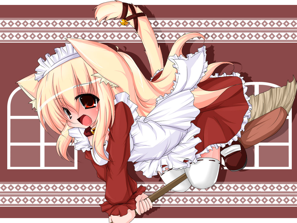 animal_ears, apron, bell, blonde_hair, blush, braids, catgirl, collar