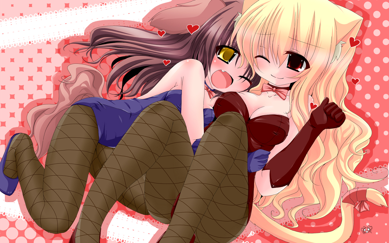 2girls, animal_ears, blonde_hair, blush, bow, breasts, brown_hair, catgirl, cleavage, collar, fang, heart, hug, kanijiru, long_hair, original, pantyhose, red_eyes, sideboob, tail, wink, yellow_eyes
