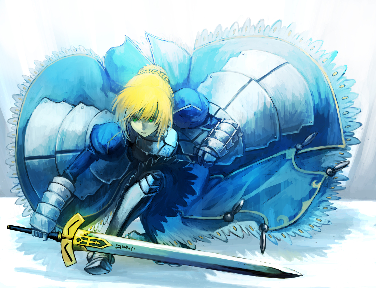 armor, artoria_pendragon_(all), blonde_hair, blue, dress, fate_(series), fate/stay_night, fate/zero