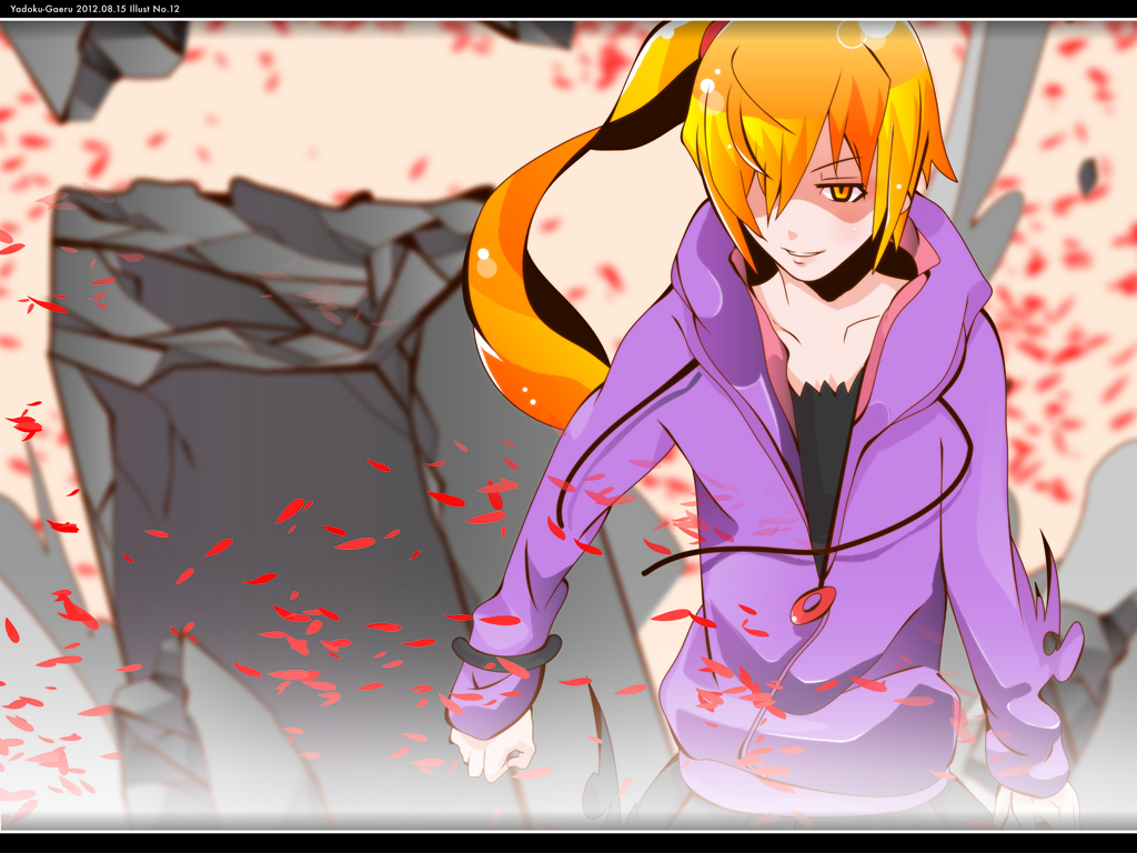 blonde_hair, kissshot_acerolaorion_heartunderblade, long_hair, monogatari_(series), nisemonogatari, oshino_shinobu, petals, ponytail