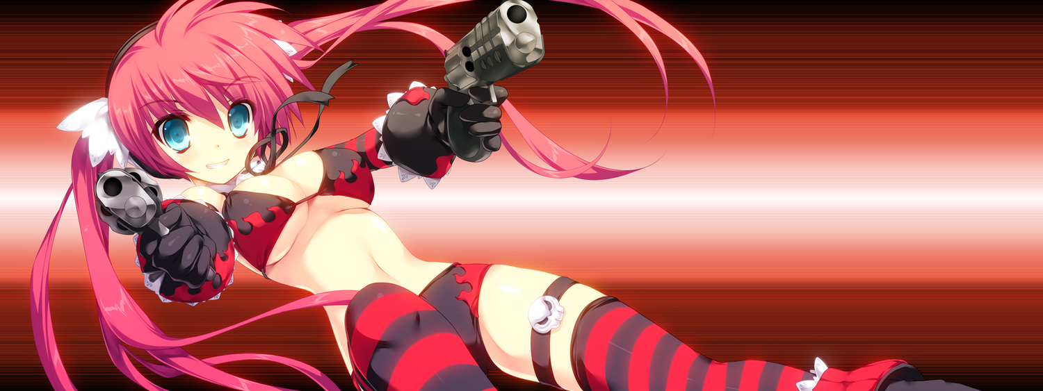 bikini, breasts, cleavage, dodge_maria, game_cg, gloves, gun, long_hair, navel, red_hair, revolver_girl_hammer_lady, shimesaba_kohada, swimsuit, thighhighs, twintails, underboob, weapon