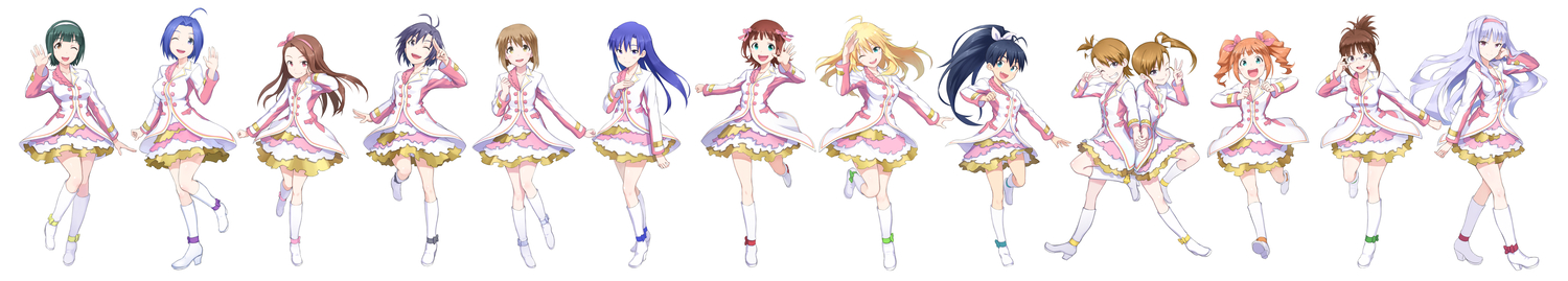 akizuki_ritsuko, amami_haruka, aqua_eyes, black_eyes, black_hair, blonde_hair, blue_eyes, blue_hair, blush, boots, brown_eyes, brown_hair, dress, dualscreen, futami_ami, futami_mami, ganaha_hibiki, glasses, gray_eyes, gray_hair, green_eyes, green_hair, group, hagiwara_yukiho, hoshii_miki, idolmaster, kikuchi_makoto, kisaragi_chihaya, long_hair, minase_iori, miura_azusa, mofu, otonashi_kotori, purple_eyes, red_eyes, ribbons, shijou_takane, short_hair, takatsuki_yayoi, twins, twintails, white, wink, yellow_eyes