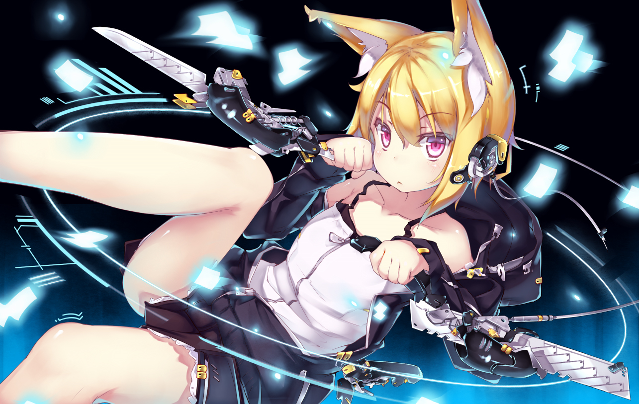 animal_ears, blonde_hair, headphones, original, pink_eyes, short_hair, skirt, syobonne, weapon