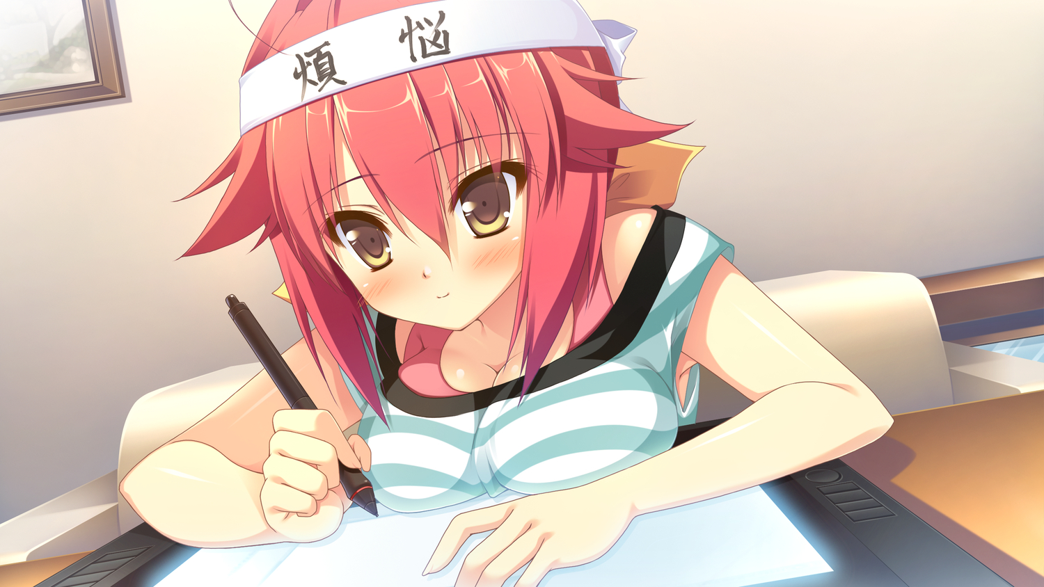 alcot, blush, breasts, cleavage, game_cg, headband, kamishiro_yuka, naka_no_hito_nado_inai