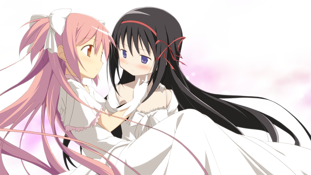 2girls, akemi_homura, black_hair, blue_eyes, blush, bow, dress, gloves, kaname_madoka, long_hair, mahou_shoujo_madoka_magica, moritan, pink_hair, red_eyes, ribbons, shoujo_ai, twintails, ultimate_madoka, wedding, wedding_attire