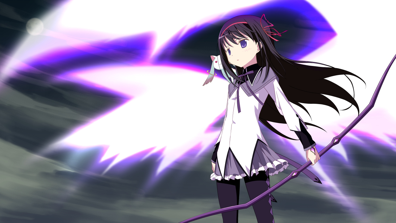akemi_homura, black_hair, blush, bow_(weapon), kyuubee, long_hair, mahou_shoujo_madoka_magica, moon