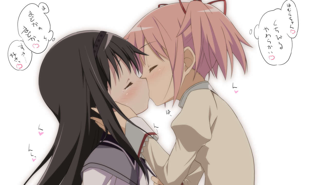2girls, akemi_homura, black_hair, blush, headband, heart, kaname_madoka, kiss, long_hair, mahou_shoujo_madoka_magica, moritan, pink_hair, ribbons, short_hair, shoujo_ai, tears, twintails