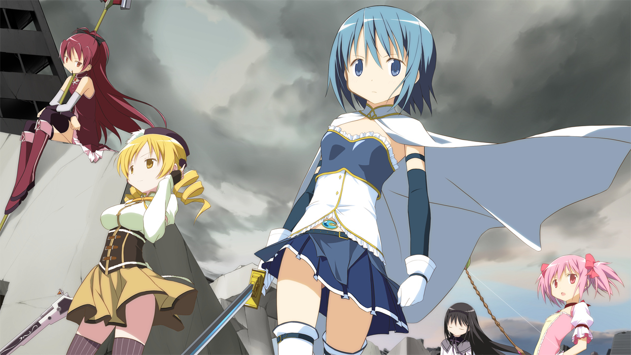 akemi_homura, black_hair, blonde_hair, blue_eyes, blue_hair, boots, bow, building