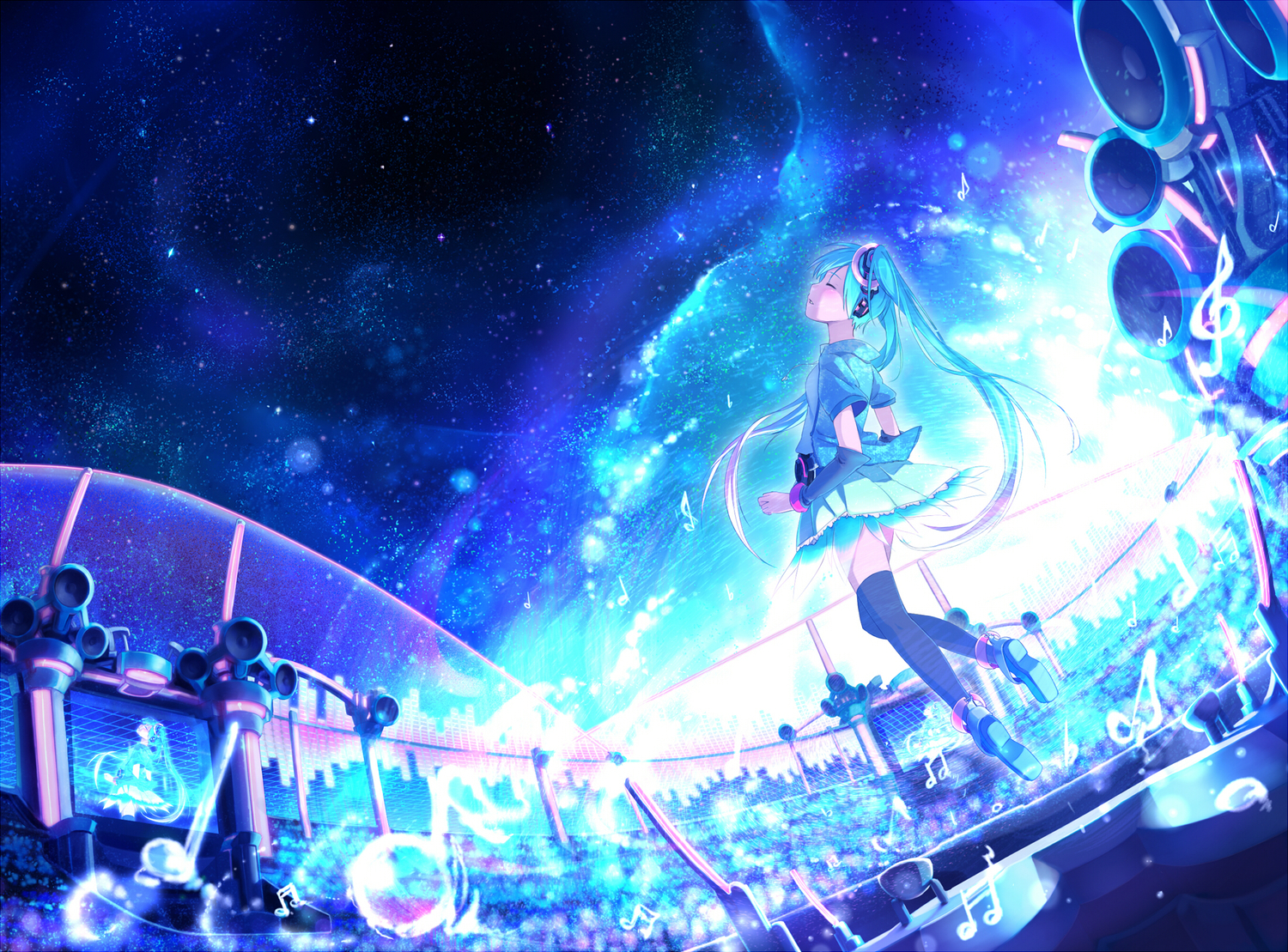 akama_zenta, aqua_hair, blue, blush, hatsune_miku, night, skirt, stars